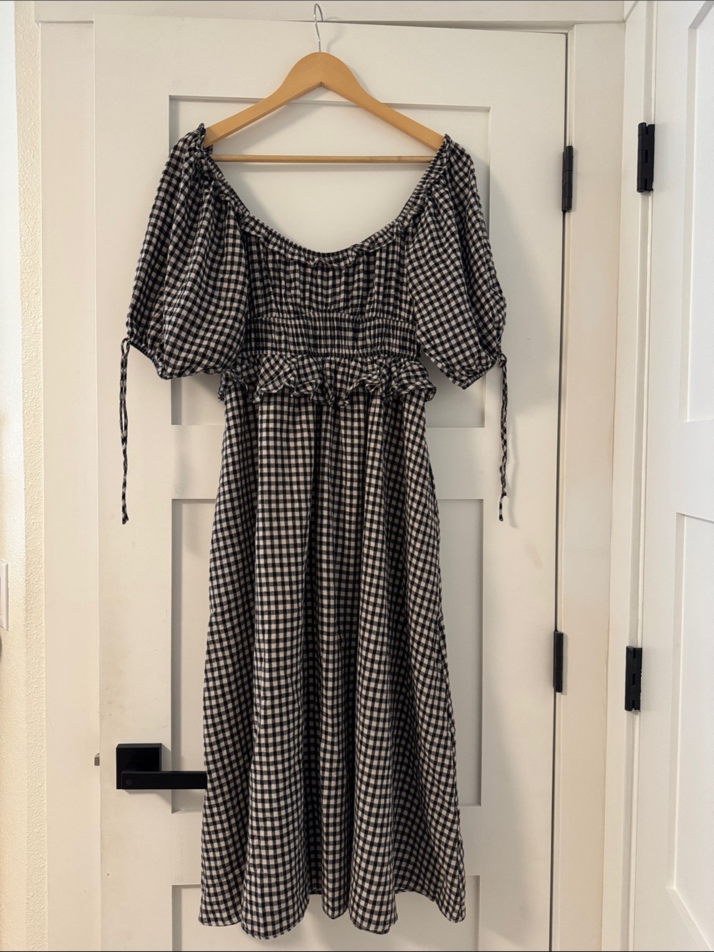 Black & White Gingham Off-Shoulder Midi Dress - Picture 1 of 4